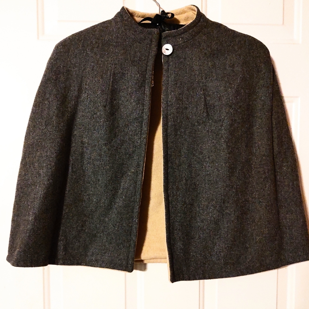 🩶🤎 Stunning Antique Vtg Reversible Wool Capelet Shawl Wrap Stole Frock - S/M